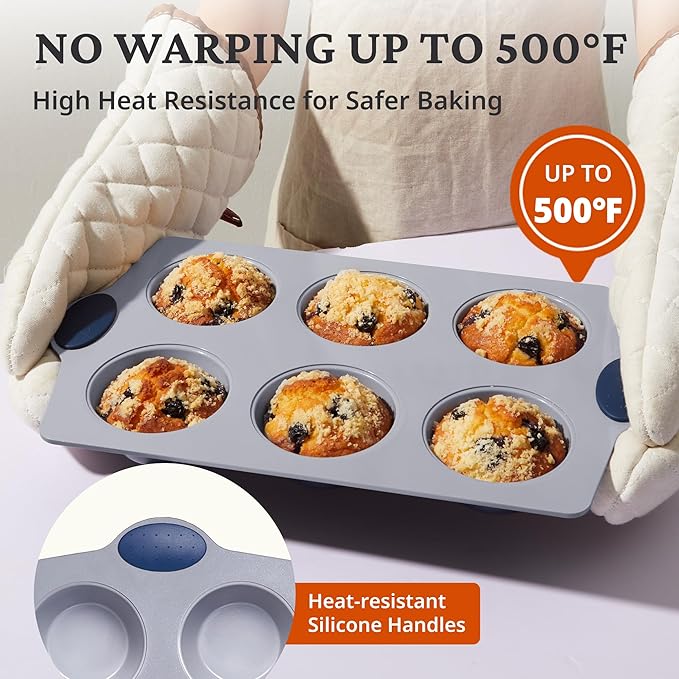 BRONYPRO 2-Pack Jumbo Ceramic Muffin Pans, 6-Cup Nonstick Aluminized Steel Cupcake Pans, Healthy Non-Toxic Ceramic Coating Muffin tin, Oven Safe to 500°F, Blue