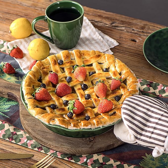 Vicrays Ceramic Pie Pan - 9 Inch Round Fluted and Deep Pie Dish for Tart Pizza Quiche Pot Pies Cake - Reactive Glaze (Green)