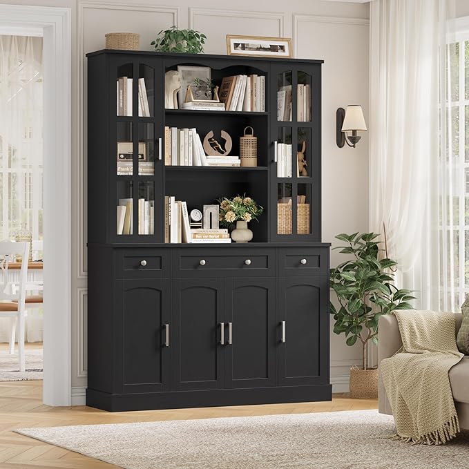 Keyluv 74.8" H Tall Pantry Cabinet with Microwave Stand and 3 Drawers, Large Kitchen Hutch Storage Cabinet with Glass Door and Adjustable Shelves for Kitchen, Dining Room, Living Room, Black