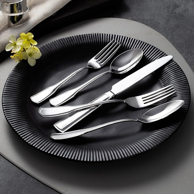 KINGSTONE 60-Piece Silverware Set, 18/10 Stainless Steel Flatware Set for 12, Tableware Cutlery Set, Utensil Sets for Home Restaurant, Mirror Finish, Dishwasher Safe