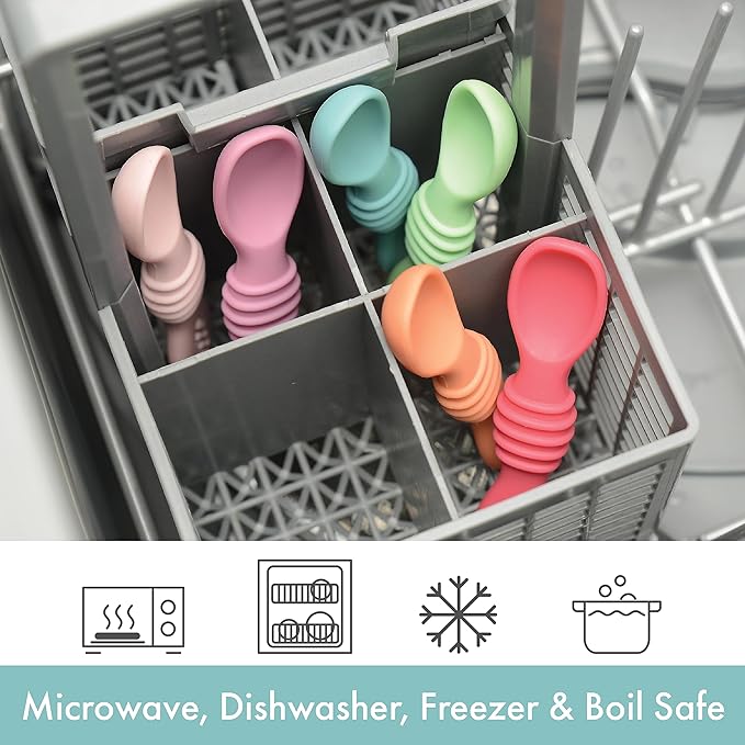 PrimaStella Silicone Chew Spoon Set for Babies and Toddlers - Safety Tested - BPA Free - Microwave, Dishwasher and Freezer Safe - Rosy Shades