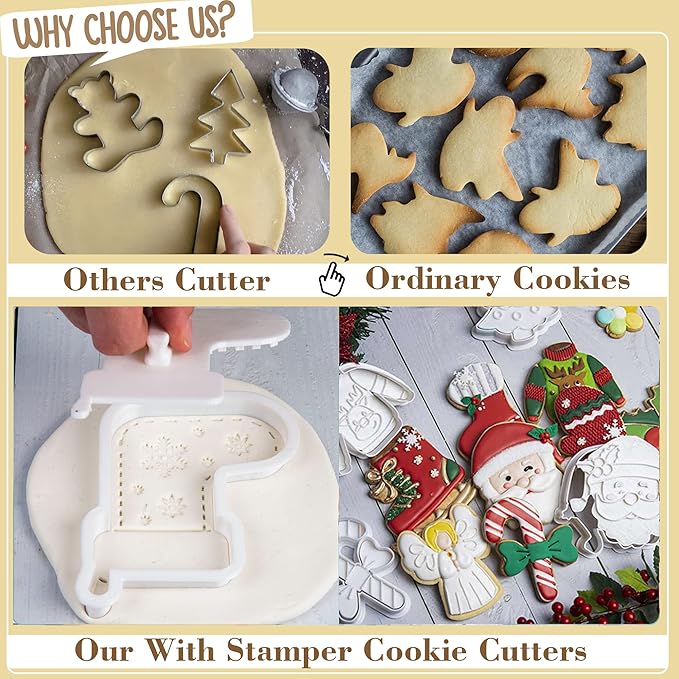 Flycalf Christmas Cookie Cutters for Holiday Baking, with 3D Stamper PLA Snowflake Shapes Kitchen Cake Decorating Birthday Gifts Party Pastry Mold Supplies Biscuit Fondant Tools