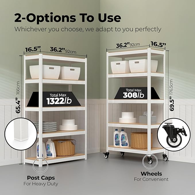 HOMEDANT House White 5-Tier Metal Rolling Cart Shelf Rack Casters Heavy Duty Wheel Shelving Unit Adjustable Utility Storage Shelves Organizer Shelf Kitchen Garage 36.2" W x 16.5" D x 69.5" H 3Pack