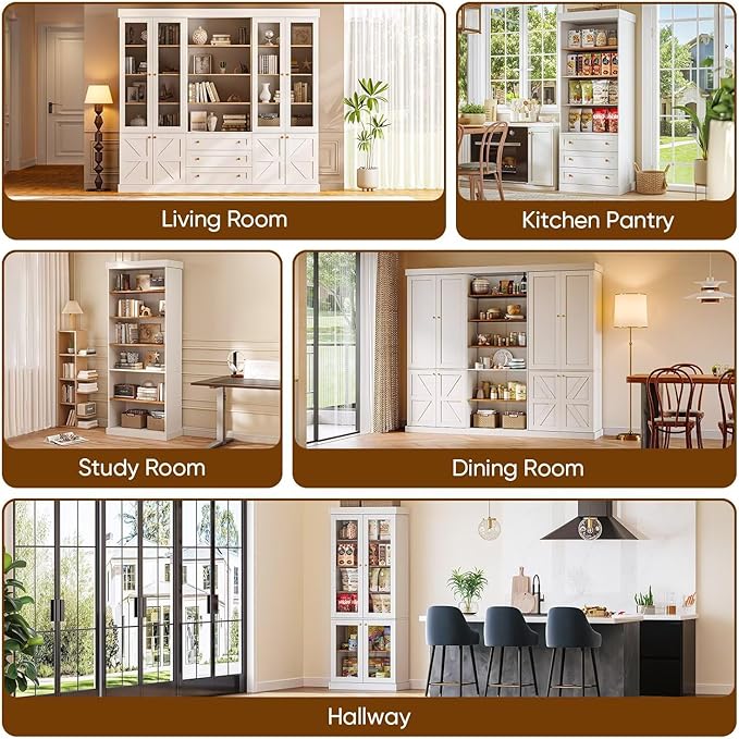 70.8" Tall Farmhouse Kitchen Pantry Cabinet with Glass Doors, Modular Storage Cabinet with 6-Tier Adjustable Shelves, White, Wooden Hutch for Kitchen, Living Room, Set of 2