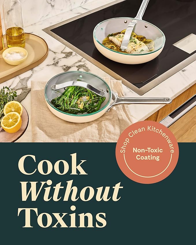 Caraway Ceramic Nonstick Fry Pan Set with Glass Lids – Includes Two 10.5” Fry Pans, One 8” Fry Pan, & Three Lids - Non Toxic, PTFE & PFOA Free - Oven Safe & Compatible with All Stovetops - Cream