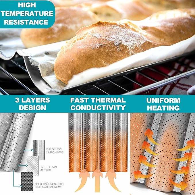Anaeat Nonstick Perforated French Bread Baking Pan, 15"X 13" Premium Toast Mold, Silver