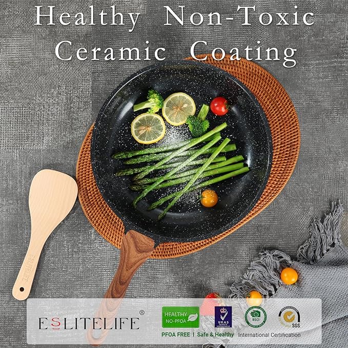 ESLITE LIFE Nonstick Ceramic Frying Pan Skillet with Lid, Non-Toxic Egg Omelette Kitchen Cooking Pans Compatible with All Stovetops (Gas, Electric & Induction), PTFE & PFOA Free (Black, 8" w/Lid)