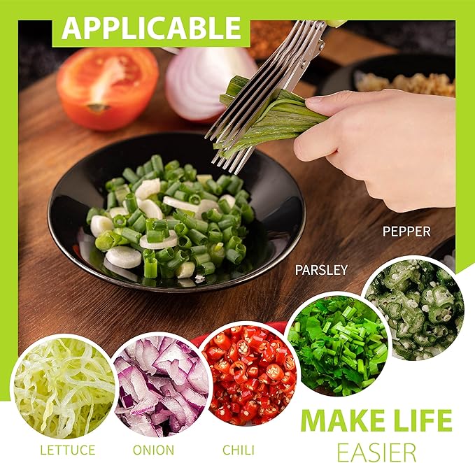 5-Blade Herb Scissors with Kitchen Shears & Peeler, Stainless Steel Multi-Use Tool for Herbs, Meat, Vegetables, Dishwasher Safe, Soft-Grip Handle