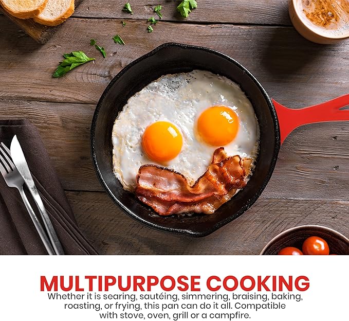 Utopia Kitchen Saute Frying Pan 6.5 Inch, Cast Iron Chefs Pan, Pre Seasoned Cast iron Skillet, Safe Grill Cookware for Indoor & Outdoor Use, Red